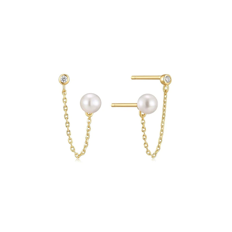 Double CZ Pearl & Chain Link Earrings